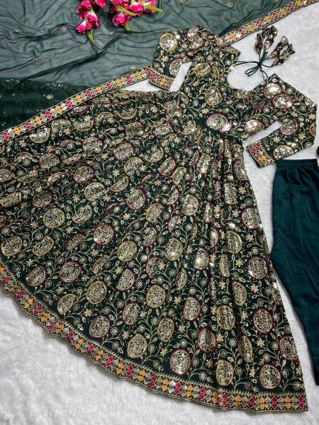 Glamora Green Georgette Anarkali Suit with 5mm Sequin Embroidery for Ceremonial Ready To Wear Collection