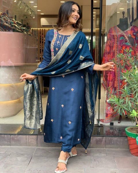 Glamorous Festive Wear | Petrol Rayon Suit with Embroidery & Jacquard Dupatta 3 Piece Kurti Set