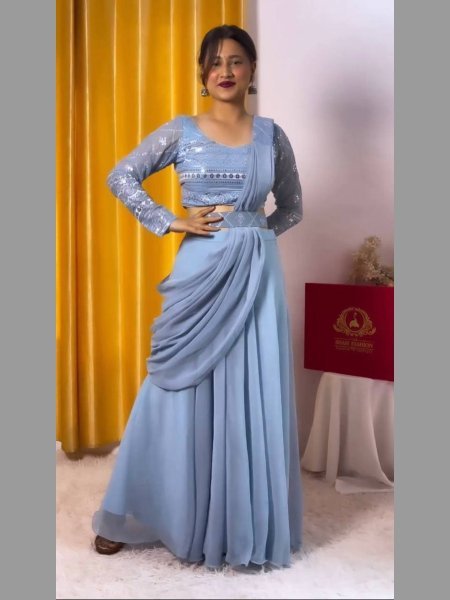 Glamorous Look  Party Wear Georgette Fabric 3 Pcs Set With Belt  Ready To Wear Collection