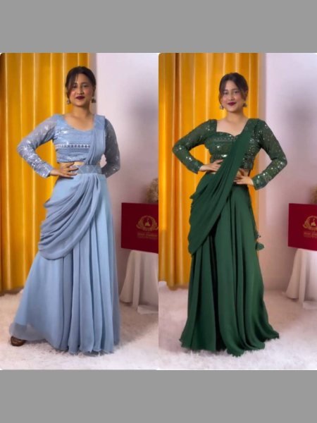 Glamorous Look  Party Wear Georgette Fabric 3 Pcs Set With Belt  Ready To Wear Collection