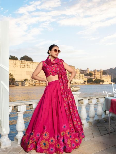 Glamorous Pink Floral Printed Tussar Silk Sangeet Wear Lehenga Choli 