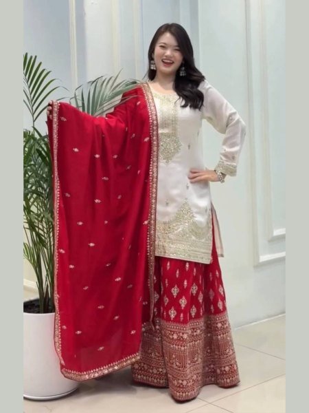 Glamorous White Ready to Wear Chinon Silk Kurti–Plazzo Set with Dupatta for Functions Wear 