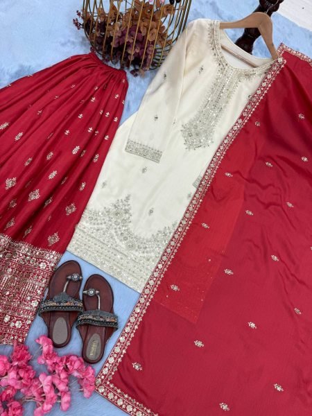 Glamorous White Ready to Wear Chinon Silk Kurti–Plazzo Set with Dupatta for Functions Wear  Ready To Wear Collection