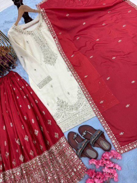 Glamorous White Ready to Wear Chinon Silk Kurti–Plazzo Set with Dupatta for Functions Wear  Ready To Wear Collection