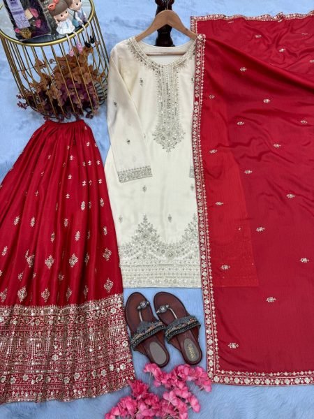 Glamorous White Ready to Wear Chinon Silk Kurti–Plazzo Set with Dupatta for Functions Wear  Ready To Wear Collection