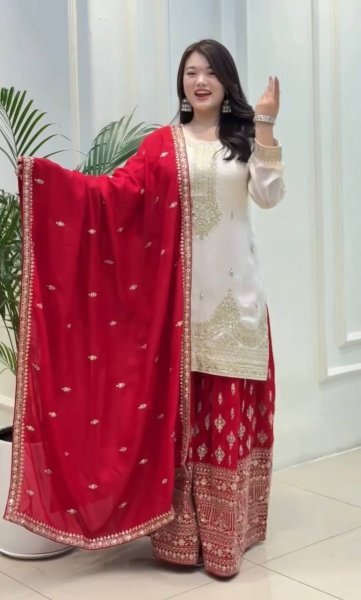 Glamorous White Ready to Wear Chinon Silk Kurti–Plazzo Set with Dupatta for Functions Wear  Ready To Wear Collection