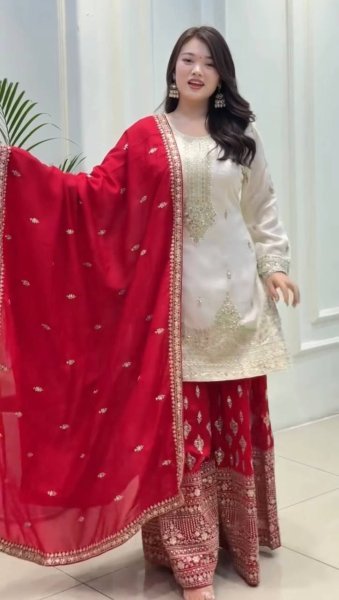 Glamorous White Ready to Wear Chinon Silk Kurti–Plazzo Set with Dupatta for Functions Wear  Ready To Wear Collection