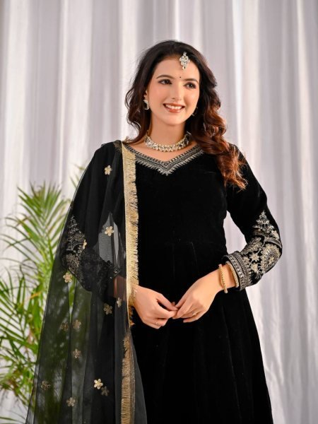 Gleaming Black Fully Stitch Velvet Anarkali Set with Embroidered Dupatta and Pant for Resellers  Anarkali Kurtis 