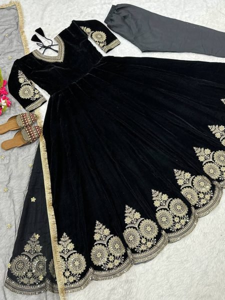 Gleaming Black Fully Stitch Velvet Anarkali Set with Embroidered Dupatta and Pant for Resellers  Anarkali Kurtis 