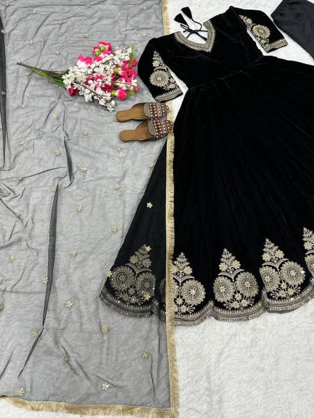 Gleaming Black Fully Stitch Velvet Anarkali Set with Embroidered Dupatta and Pant for Resellers  Anarkali Kurtis 
