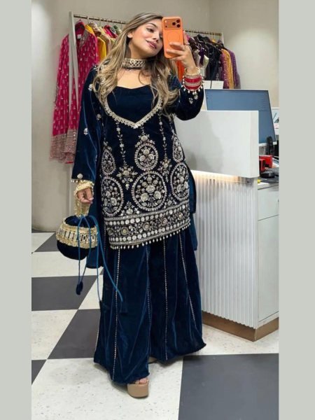 Gleaming Blue Velvet Sequin Embroidery Suit with Plazzo and  Mirror Work Dupatta at Manufacturer Rate