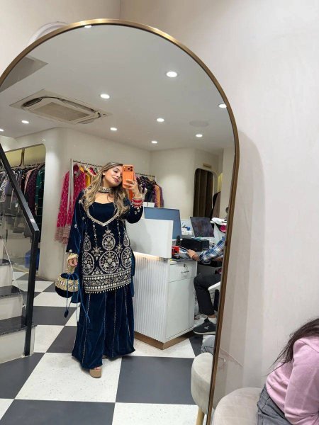 Gleaming Blue Velvet Sequin Embroidery Suit with Plazzo and  Mirror Work Dupatta at Manufacturer Rate Ready To Wear Collection