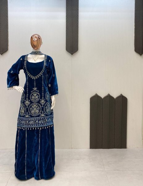 Gleaming Blue Velvet Sequin Embroidery Suit with Plazzo and  Mirror Work Dupatta at Manufacturer Rate Ready To Wear Collection