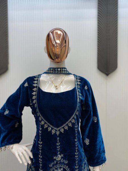 Gleaming Blue Velvet Sequin Embroidery Suit with Plazzo and  Mirror Work Dupatta at Manufacturer Rate Ready To Wear Collection