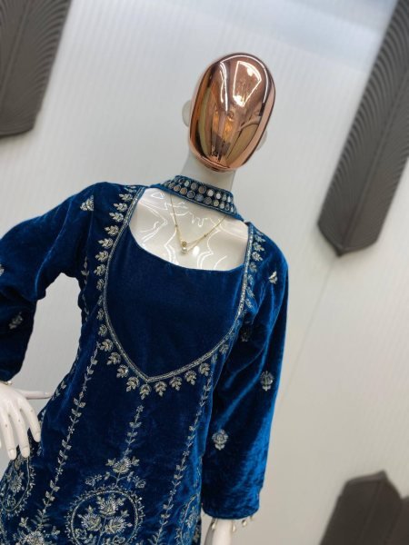 Gleaming Blue Velvet Sequin Embroidery Suit with Plazzo and  Mirror Work Dupatta at Manufacturer Rate Ready To Wear Collection