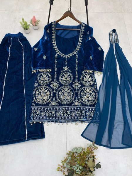 Gleaming Blue Velvet Sequin Embroidery Suit with Plazzo and  Mirror Work Dupatta at Manufacturer Rate Ready To Wear Collection