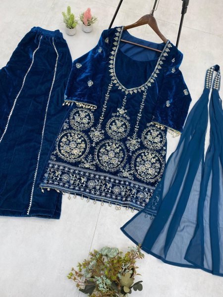 Gleaming Blue Velvet Sequin Embroidery Suit with Plazzo and  Mirror Work Dupatta at Manufacturer Rate Ready To Wear Collection
