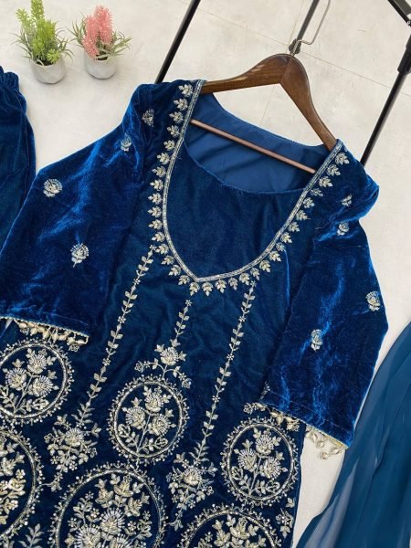 Gleaming Blue Velvet Sequin Embroidery Suit with Plazzo and  Mirror Work Dupatta at Manufacturer Rate Ready To Wear Collection