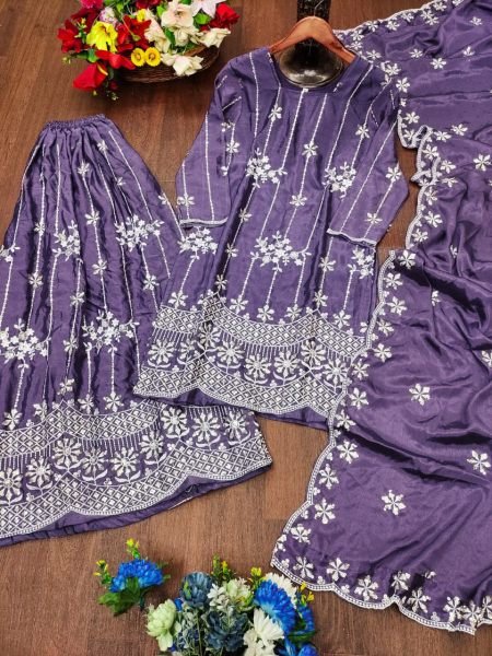 Gleaming Fully Stitched Chinon Top with Embroidered Sharara   Dupatta for Wholesale Rate Ready To Wear Collection