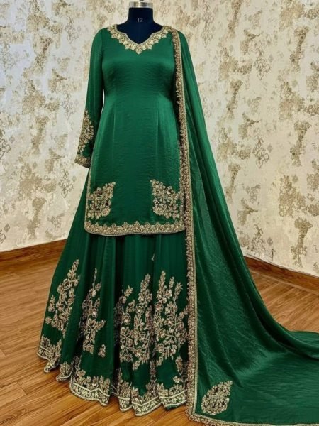 Glittering Green Chinon Silk Top Palazzo Set with Fancy Lace Dupatta for Exporter at Bulk Rate 