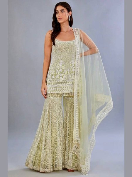 Glittering Pastel Green Soft Net Chine Sequence Embroidered Work Plazzo Set with Dupatta for Reception Wear 