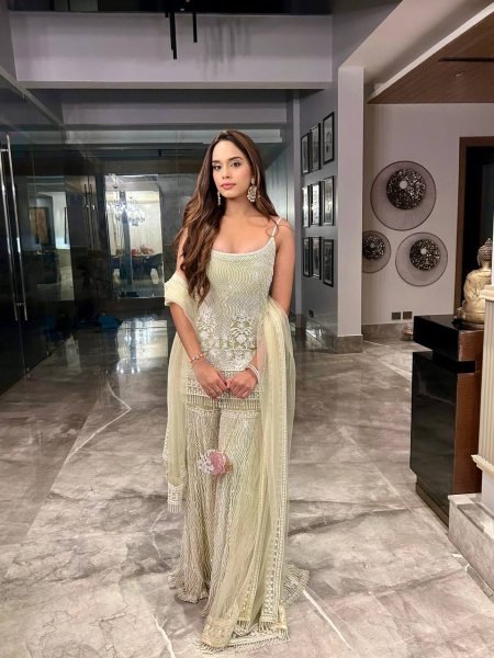 Glittering Pastel Green Soft Net Chine Sequence Embroidered Work Plazzo Set with Dupatta for Reception Wear Ready To Wear Collection