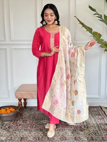 Glorious Chanderi Party Wear Chanderi Suit Set With jacquard woven dupatta  3 Piece Kurti Set