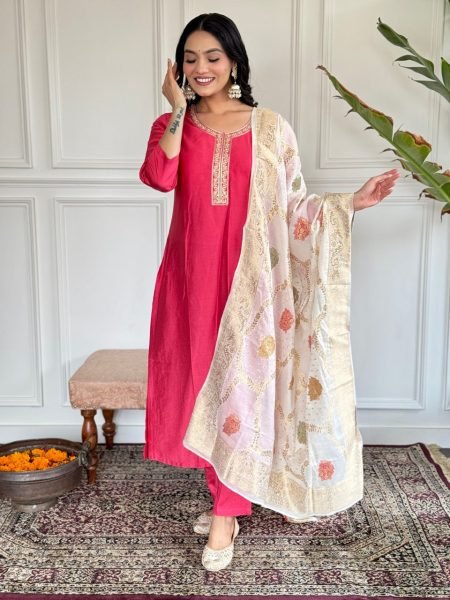Glorious Chanderi Party Wear Chanderi Suit Set With jacquard woven dupatta  3 Piece Kurti Set