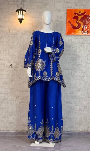 Glorious Royal Blue Chinon Silk Sequins Work Co Ord Set for Party Wear Kurti With Bottom Wholesale