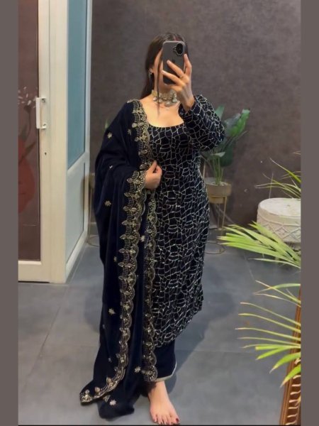 Glorious Velvet Thread and Sequence Work Suit with Matching Pant and Dupatta for Bulk Buyers at Wholesale Rate 