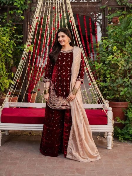 Glorious Maroon Viscose Velvet Embroidered Coding Sequence Top   Pant Set with Organza Dupatta for Festive Functions 