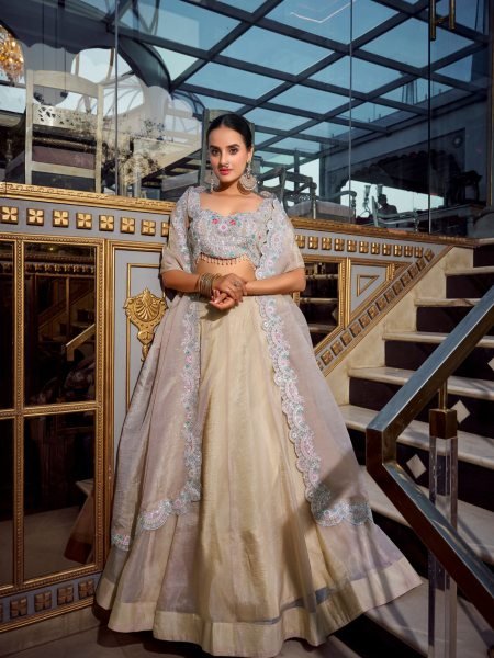 Gold Crush Cream Party Wear Jarkan Work Lehenga Choli 