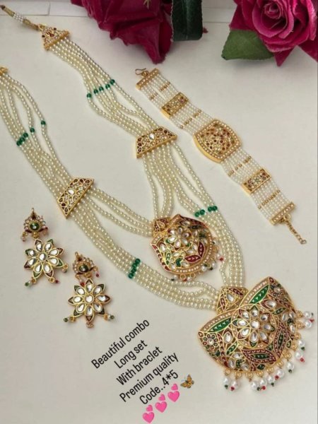 Gold Plated Long Necklace & Bracelet Set Perfect Bridal Jewelry for Wedding  & Festive Wear 