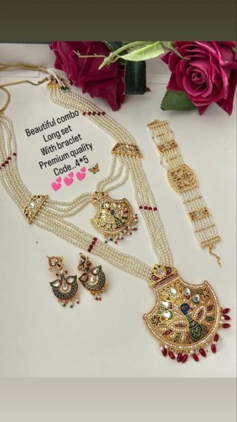 Gold Plated Long Necklace & Bracelet Set Perfect Bridal Jewelry for Wedding  & Festive Wear Fashion Accessories Wholesale