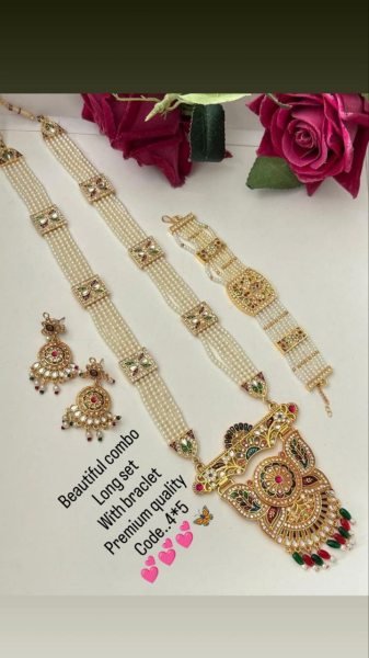Gold Plated Long Necklace & Bracelet Set Perfect Bridal Jewelry for Wedding  & Festive Wear Fashion Accessories Wholesale