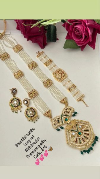 Gold Plated Long Necklace & Bracelet Set Perfect Bridal Jewelry for Wedding  & Festive Wear Fashion Accessories Wholesale