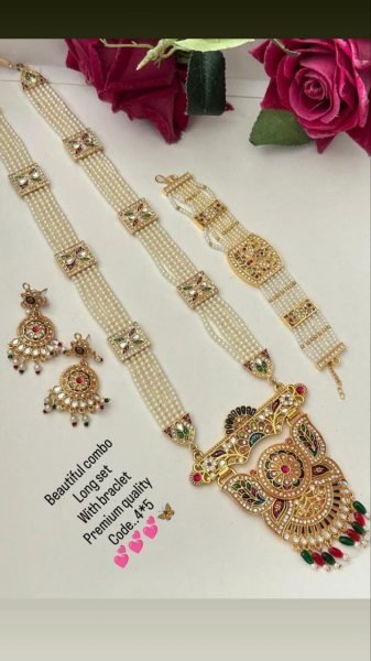 Gold Plated Long Necklace & Bracelet Set Perfect Bridal Jewelry for Wedding  & Festive Wear Fashion Accessories Wholesale