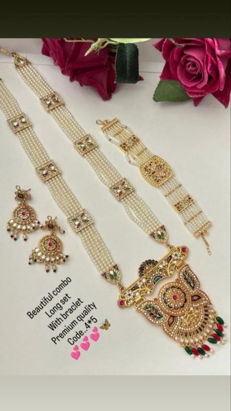 Gold Plated Long Necklace & Bracelet Set Perfect Bridal Jewelry for Wedding  & Festive Wear Fashion Accessories Wholesale
