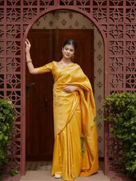 Golden Glow Banarasi Soft Silk Saree with Fine Zari Great for Haldi Look at Wholesale Rate Banarasi Saree Wholesale