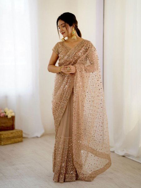 Golden Glow Net Saree with All Over Embroidery Luxe Statement for Special Evenings Net Sarees Wholesale