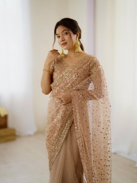 Golden Glow Net Saree with All Over Embroidery Luxe Statement for Special Evenings Designer Wedding Sarees Wholesale
