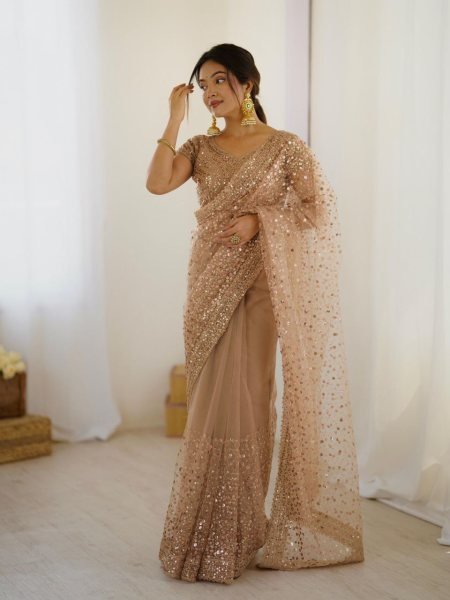 Golden Glow Net Saree with All Over Embroidery Luxe Statement for Special Evenings Designer Wedding Sarees Wholesale