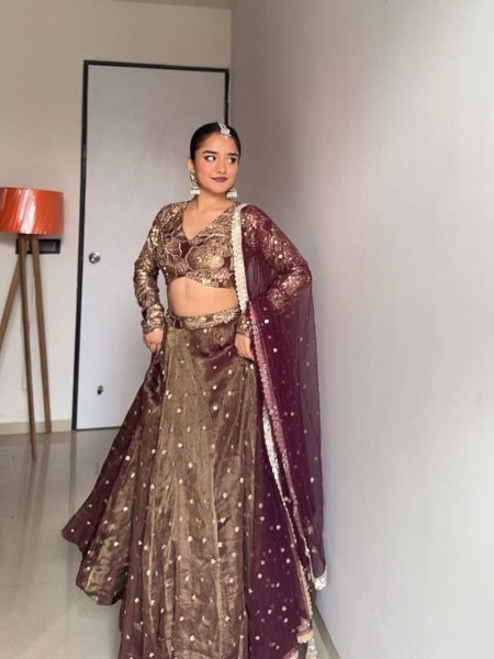 Golden Olive Jimi Choo Embroidered Lehenga Set Thread   Sequin Work Semi Stitched with Butterfly Net Dupatta 