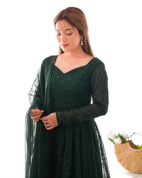 Gorgeous Bottle Green Fox Georgette Lucknowi Work Anarkali Gown with 4 Mtr. Flair for Special Occasions Anarkali Kurtis 