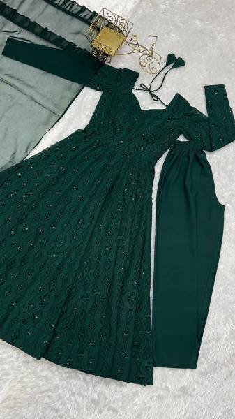 Gorgeous Bottle Green Fox Georgette Lucknowi Work Anarkali Gown with 4 Mtr. Flair for Special Occasions Anarkali Kurtis 
