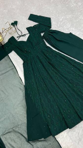 Gorgeous Bottle Green Fox Georgette Lucknowi Work Anarkali Gown with 4 Mtr. Flair for Special Occasions Anarkali Kurtis 