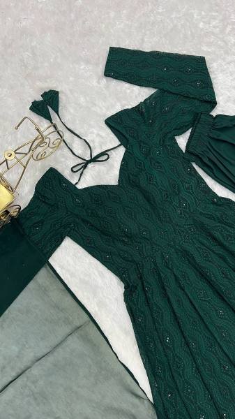 Gorgeous Bottle Green Fox Georgette Lucknowi Work Anarkali Gown with 4 Mtr. Flair for Special Occasions Anarkali Kurtis 