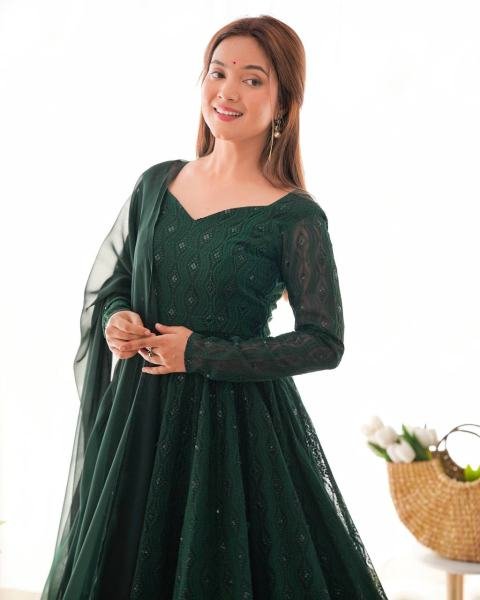 Gorgeous Bottle Green Fox Georgette Lucknowi Work Anarkali Gown with 4 Mtr. Flair for Special Occasions Anarkali Kurtis 