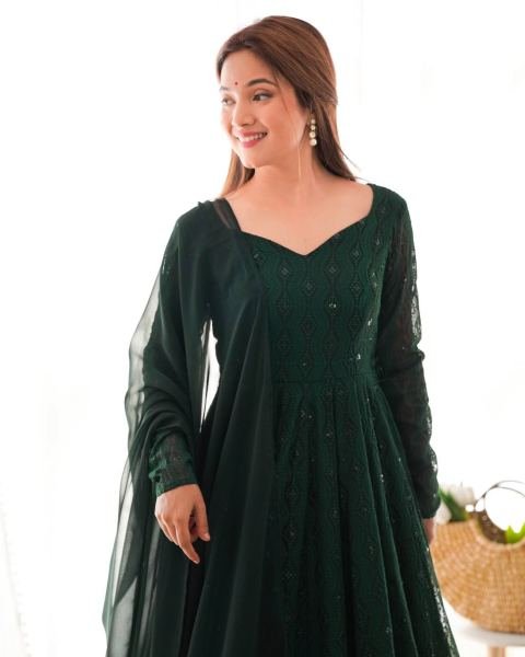 Gorgeous Bottle Green Fox Georgette Lucknowi Work Anarkali Gown with 4 Mtr. Flair for Special Occasions Anarkali Kurtis 