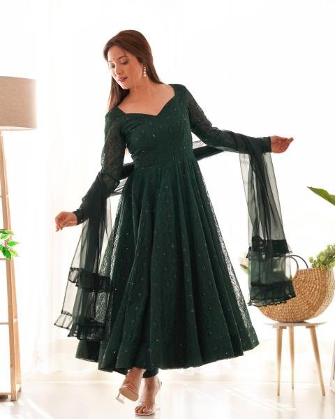 Gorgeous Bottle Green Fox Georgette Lucknowi Work Anarkali Gown with 4 Mtr. Flair for Special Occasions Anarkali Kurtis 